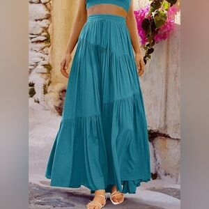 Women’s Boho High Waist Pleated A-Line Flowy Tiered Maxi Skirt Color Teal/Lake